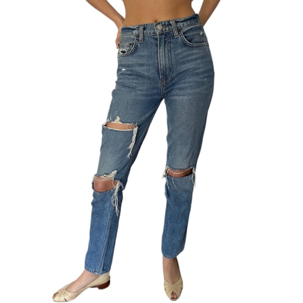 Reformation Julia High Cigarette Antigua Distressed Blue Jeans 24 Soft Cotton